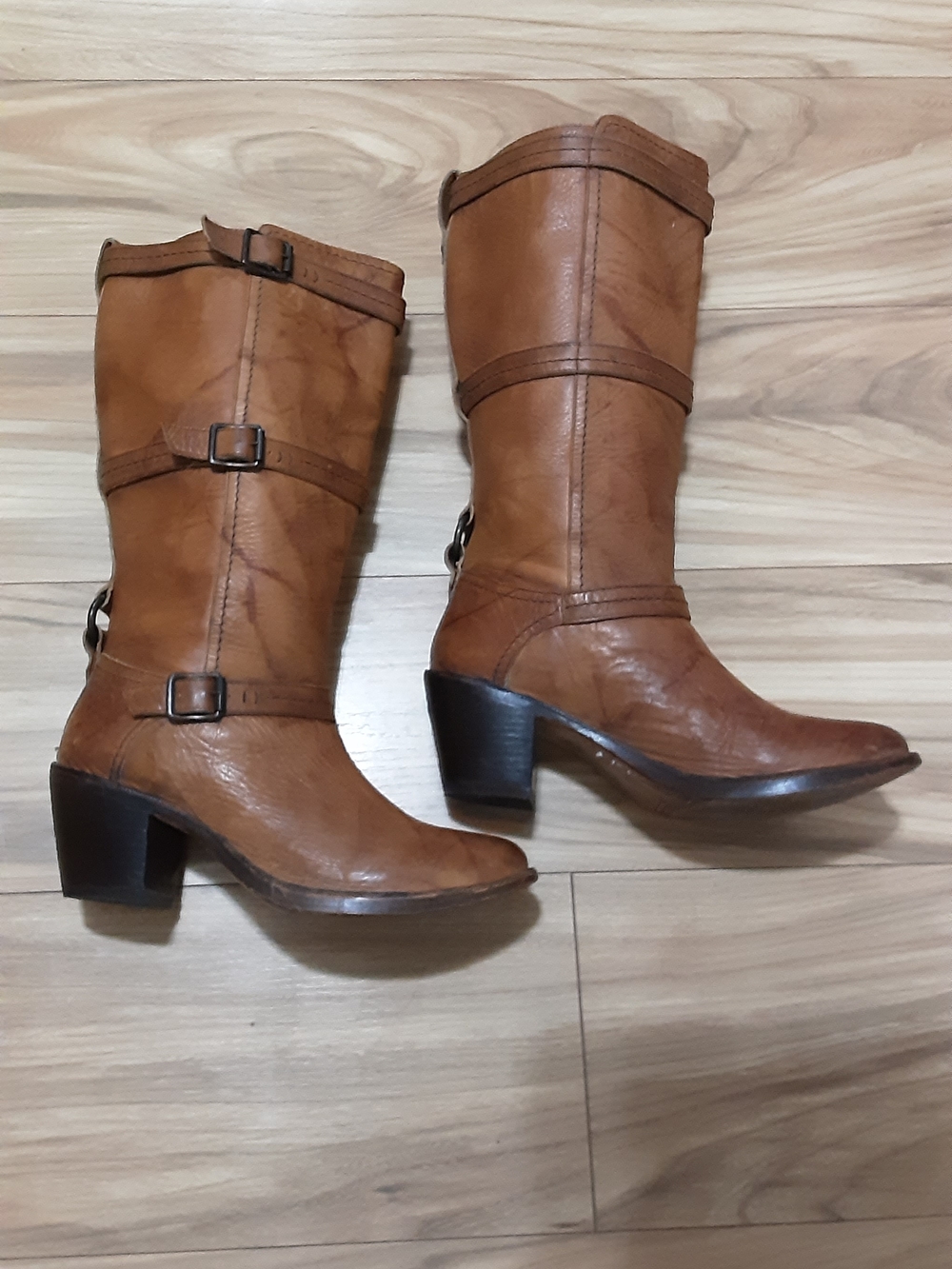Frye Carmen 3 Strap Cognac Leather Mid-Calf Heeled Buckle Boots
